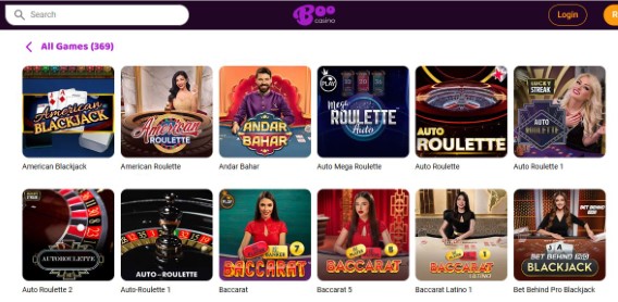 Browse Boo Casino table games including blackjack roulette and baccarat